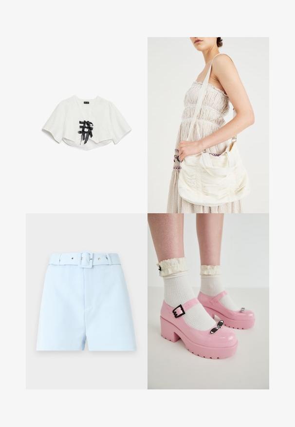 Biely croptop s krátkymi rukávmi, s textúrovaným vzorom, výstrihom do V a tromi čiernymi saténovými stuhami na prednej strane.; Svetlomodré šortky s opaskom v páse, s štvorcovou sponou a kovovými doplnkami. Hladká tkanina, tailored strih a skladaná predná časť.; Ružové lakované platformové topánky s okrúhlou špičkou, nastaviteľným prackou a čiernymi mačacími očkami, skombinované s bielymi rebrovanými ponožkami s volánovými okrajmi.; Biela látková kabelka cez rameno so zhrnutou textúrou, nastaviteľným popruhom a striebornými detailmi. Zobrazená vedľa krémových šiat.; Strieborné kruhové náušnice s hladkým, okrúhlym dizajnom a lesklým povrchom. Sú tenké a ľahké, s jednoduchým uzáverom.