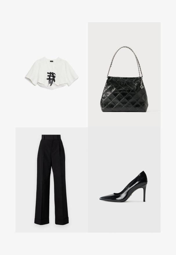Fehér, rövid ujjú, cropped top, texturált mintával, V-nyakkal és három fekete szatén szalaggal a frontján.; Magas derekú fekete pamut nadrág. Széles lábú fazon, redők és felgöngyölített szárak jellemzik. Simább textúra, nincsenek látható minták vagy fémtárgyak.; Fekete lakk bőr, hegyes orrú magassarkú cipő, vékony stiletto sarkával, sima fehér háttér előtt.; Fekete, steppelt bőr kézitáska ezüst láncos fogantyúval, strukturált kialakítással és sima textúrával.