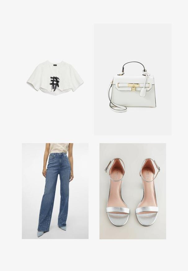 Top corto blanco con mangas cortas, que presenta un patrón texturizado, escote en V y tres lazos de satén negro en la parte delantera.; Vero Moda Tall VMTESSA PEARL - Vaqueros boyfriend - medium blue denim; Sandalias de tacón alto plateadas con un acabado metálico suave, punta abierta, tira en el tobillo y suela plana y texturizada. Plantilla tipo cojín en color beige claro.; Bolso blanco con textura de cocodrilo, herrajes dorados, asa superior y correa de hombro desmontable; cuenta con un cierre de bloqueo y un diseño minimalista.