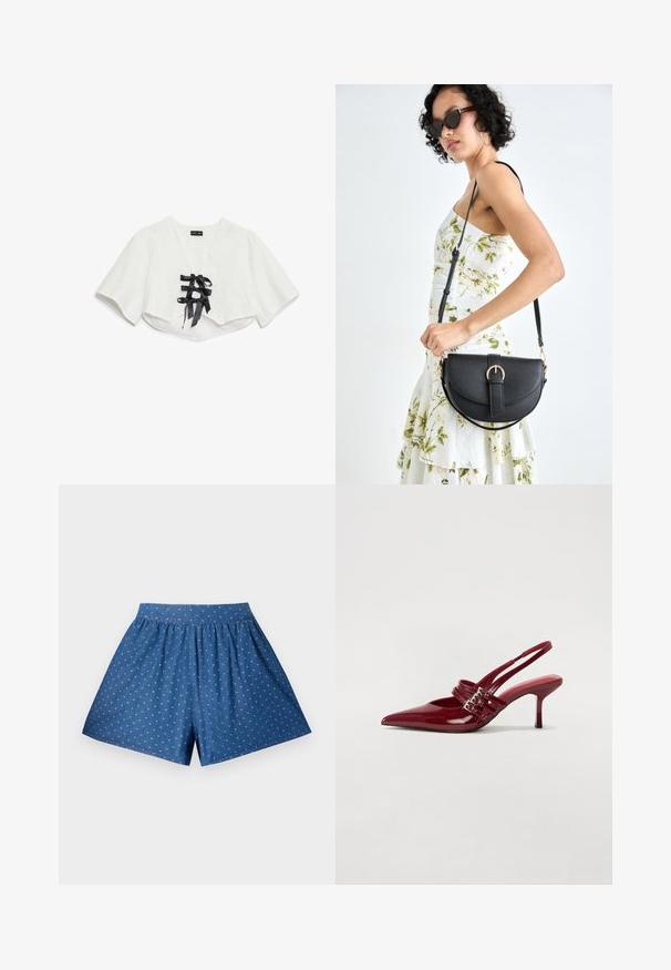 Biely croptop s krátkymi rukávmi, s textúrovaným vzorom, výstrihom do V a tromi čiernymi saténovými stuhami na prednej strane.; Modré denimové šortky s elastickým pásom a bielym bodkovaným vzorom. Majú uvoľnený strih a dĺžku po kolená. Hladká textúra.; Červené lakované kožené sandále na podpätku s jemne špičatou špičkou, dvoma prackovými remienkami a štíhlym, stredne vysokým ihlovým podpätkom. Hladký povrch.; Čierna kožená kabelka s zaobleným tvarom, odnímateľným popruhom a zlatými doplnkami. Kabelka má klopu s detailom s prackou.