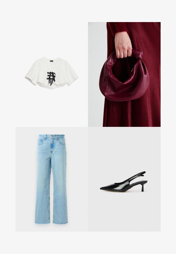 Bijeli kratki top s kratkim rukavima, s teksturiranim uzorkom, V-izrezom i tri crne satenske vrpce sprijeda.; Svijetloplavi traperice s ravnim nogavicama, koje imaju visok struk, kontrastne šavove i blago izblijedjeli izgled.; Crne lakirane salonke s otvorenom petom i uskim vrhom, tanjim potpeticama i podesivom kopčom. Glatka tekstura s minimalnim detaljima.; Bordo kožni ruksač s mekim, naboranim dizajnom i zaobljenim oblikom. Ručka je sigurno pričvršćena, pokazujući glatku teksturu.