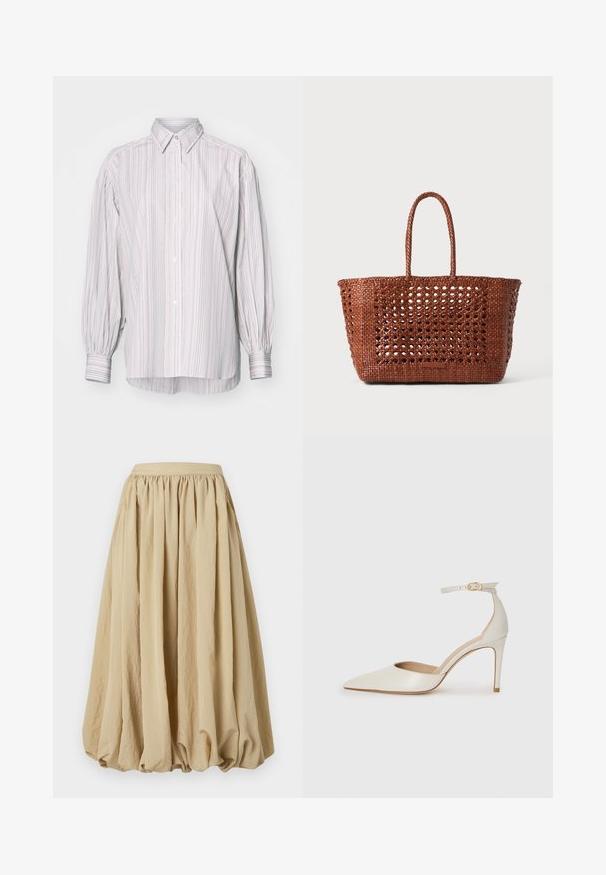 Ribaga nööpidega särk heledates toonides, millel on klassikaline krae, pikad puhv-sleeved ja veidi pikem tagumine äär.; Beige midi seelik kogutud vöökohtadega, voolava kangaga ja mahuka kuju ning tekstuurse pinna ja peente kortsude detailidega.; Valgete nahast kõrge kontsaga kingad, terava varbaga, ankle strapiga ja kitsaste stiletto kontsadega. Sile tekstuur koos peene läikega.; Kootud pruun kott avatud mustriga, ristküliku kujuga ja kahe soonikuga käepideme ning tugeva aluse toeks.