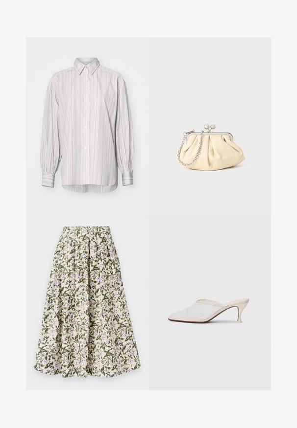 Camicia a righe dai colori chiari, con colletto classico, maniche lunghe a sbuffo e orlo posteriore leggermente più lungo.; Gonna floreale con sfondo crema, foglie verdi e fiori viola. Vita elastica, design plissettato e tessuto leggero.; Mule bianco in rete con punta appuntita, tacco medio sottile e design slip-on su uno sfondo semplice.; Clutch in pelle beige plissettata con una struttura in metallo argento, dotata di due chiusure decorative rotonde e una tracolla in catena argentata.