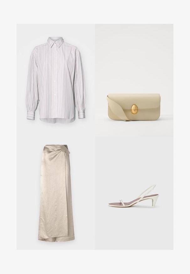 Pasyowana koszula z długim rękawem w jasnych kolorach, z klasycznym kołnierzykiem, długimi bufiastymi rękawami i nieco dłuższym tyłem.; Długa, beżowa spódnica wykonana z błyszczącego, teksturowanego materiału. Posiada fason na zawijanie z boczną kokardą i schludnym dołem.; Białe sandały na koturnie z cienkimi paskami i gładką skórzaną fakturą; zawierają małą dekoracyjną klamrę.; Beżowa skórzana torebka o gładkiej fakturze, prostokątnym kształcie i złotym, owalnym zapięciu. Posiada długi, regulowany pasek.