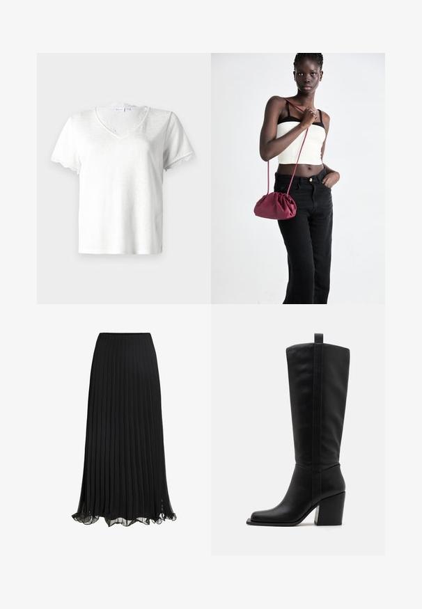 Fehér, rövid ujjú póló V-kivágással, amelyet finom csipke díszít a nyakrészen és az ujjak szélén, könnyű anyagból készült.; Fekete, redőzött maxi szoknya könnyű anyagból, áramló kialakítással. Ráncos szegéllyel és kényelmes gumis derékrésszel rendelkezik.; Fekete bőr, térdig érő csizmák, négyzet alakú orral, keskeny sarokkal és függőleges varrással a külső szár mentén. Simább textúra.; Burgundy puha anyagú kézitáska, ráncolt dizájnnal és hosszú pánttal, keresztben hordva. A modellen fehér rövid top és fekete farmer van.