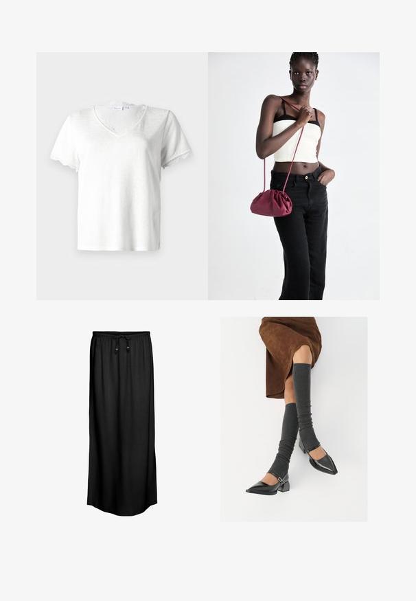 Camiseta blanca de manga corta con escote en V, que presenta un delicado borde de encaje en el cuello y los bordes de las mangas, fabricada con tejido ligero.; Falda maxi negra con cintura ajustable y dos toggles de madera, fabricada en un tejido ligero y suave, con un diseño simple y recto.; Zapatos de charol negros con punta afilada, tacón bloque y tira de tobillo, combinados con calentadores de piernas de canalé grises y una falda de ante marrón.; Bolso de tela suave en burdeos con un diseño fruncido y una correa larga, usado cruzado. La modelo lleva una camiseta corta blanca y jeans negros.