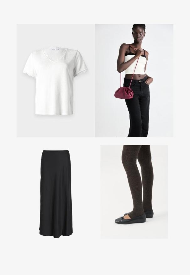 Bela kratka majica s kratkimi rokavi z V-izrezom, ki ima nežno čipkast rob okoli izreza in robov rokavov, izdelana iz lahkotnega materiala.; Črna maksi krilo iz gladkega, lahkega blaga. Ima preprost A-linijski kroj z rahlo razširjenim robom in brez vidnih zaključkov.; Črne ravne čevlje z majhnim lokom na prstih, v kombinaciji s temno rjavimi rebrastimi nogavicami. Čevlji imajo gladko teksturo in nizko obliko.; Burgundska mehka torbica z zbranim dizajnom in dolgim trakom, nošena čez telo. Model nosi belo kratko majico in črne kavbojke.
