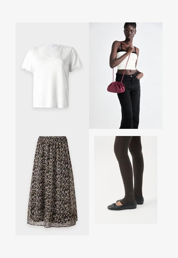 Hvit t-skjorte med kort erme og V-hals, prydet med delikat blonder på halsen og ermekantene, laget av lett stoff.; Svart midi skjørt laget av lett stoff, med et blomsterdesign i brunt og kremfarge. Elastisk midje for justerbar passform.; Sorte flate sko med en liten sløyfedetalj på tåen, kombinert med mørkebrune ribbede strømpebukser. Skoene har en glatt overflate og lav profil.; Burgunderfarget myk stoffhåndveske med en samlet design og en lang stropp, båret som en crossover. Modellen har på seg en hvit crop-top og svarte jeans.