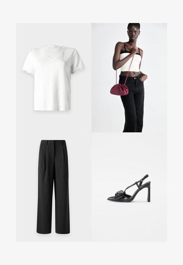 Bela kratka majica s kratkimi rokavi z V-izrezom, ki ima nežno čipkast rob okoli izreza in robov rokavov, izdelana iz lahkotnega materiala.; Črne široke hlače iz teksturiranega materiala, z sprednjimi gubami in krojenim pasom, zasnovane za sproščen kroj.; Črna črna čevlja s peto z ozkim prstom, sijajno teksturo, tankimi trakovi in dekorativnim nabranim detajlom spredaj.; Burgundska mehka torbica z zbranim dizajnom in dolgim trakom, nošena čez telo. Model nosi belo kratko majico in črne kavbojke.