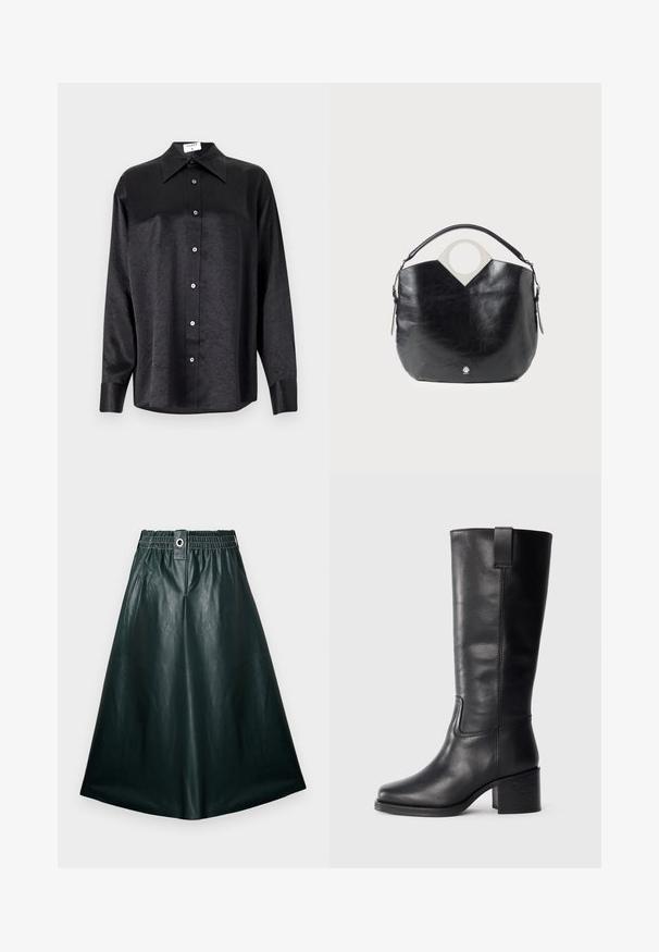 Musta pitkähiha vaarallista paitaa, jossa on kauluspanta, ryppytynyt pinta, täysi napitus edessä ja hihansuut. Valmistettu sileästä kankaan.; Tumma vihreä nahkainen midi-hame, jossa on joustava vyötärö, etupainon yksityiskohdat ja sileä, kiiltävä pinta. A-linjainen siluetti ilman taskuja.; Mustat nahkasaappaat, jotka ulottuvat polveen, sileällä pinnalla, neliön muotoisella varvalla, tukkipohjalla ja sivussa olevalla vetoketjulla, joissa on vain minimaalista ompelua.; Musta nahkakassi, jossa on kaareva muoto, pyöreä yläkahva ja hopeinen logo yksityiskohta. Sujuva pinta ja huomattava leikattu muotoilu.