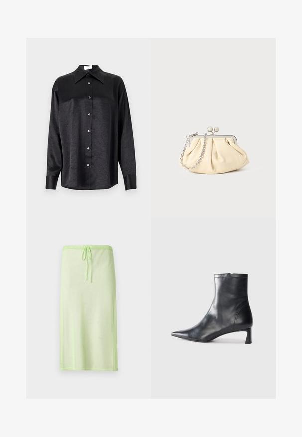 Fekete, hosszú ujjú ing, galléros nyakkal, gyűrött textúrával, teljes gombos elejével és mandzsettákkal. Simaságú anyagból készült.; Világoszöld, áttetsző szoknya húzózsinóros derékkal, sima textúrával és egyszerű dizájnnal. Hossza a térd alatt ér véget.; Fekete bőr bokacsizma hegyes orral és letisztult dizájnnal. Alacsony sarka és hátsó cipzáras záródása van. Simának tűnő textúra.; Pleátolt bézs bőr válltáska ezüst fém kerettel, két kerek díszcsattal és ezüst lánc pánttal.