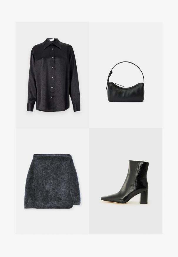 Zwarte blouse met lange mouwen en een kraag, voorzien van een gekreukt oppervlak, volwaardige knopen aan de voorkant en manchetten. Gemaakt van een gladde stof.; Vrouwelijke donzige donkergrijze rok met een zachte textuur, iets uitlopende snit en een gebogen zoom. De stof lijkt warm en gezellig.; Zwarte enkellaarsjes van glanzend leer met een puntige neus en een stevige, vierkante hak. Heeft een gladde textuur en een minimalistisch ontwerp.; Zwarte leren schoudertas met een gebogen ontwerp, ritsafsluiting en een slanke schouderriem. Beschikt over een soepele textuur en subtiele stikdetails.