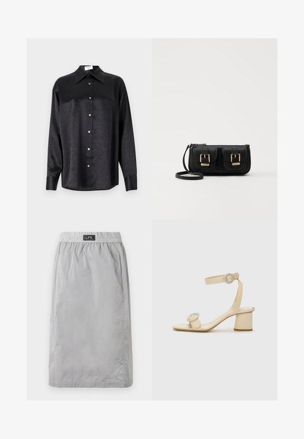 Black long-sleeve shirt with a collared neckline, featuring a crinkled texture, full button front, and cuffs. Made from a smooth fabric.; Gray, knee-length skirt made of lightweight material, featuring an elastic waistband and side pockets. Brand label "LPS" on the waistband.; Beige high-heeled sandals with a minimalist design, featuring two circular accents and a chunky heel. Made from smooth leather.; Black leather crossbody bag with two front pockets, gold buckles, zipper closure, and a slim strap. Textured surface and compact rectangular shape.