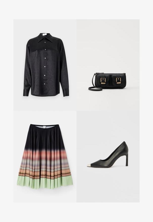 Musta pikemate varrukatega särk, millel on krae ja kortsus tekstuur, täispikk nööpidega eesmine osa ja varrukate mansetid. Valmistatud siledast kangast.; Mustriga seelik mustas värvitoonis, mille ääres on ombre-gradient oranžist mündi roheliseks, ja millel on värvilised triibulised aktsendid.; Mustast nahast kõrge kontsaga king terava varba ja metallik hõbedase otsikuga. Iseloomustab sile viimistlus ja sihvakas 10 cm konts.; Must küllastamata nahast õlakott, millel on kaks esist nähtavat taskut, kuldsed pandlad, tõmblukuga sulgemine ja peen rihm. Tekstuuriga pind ja kompaktne ristkülikukujuline kuju.