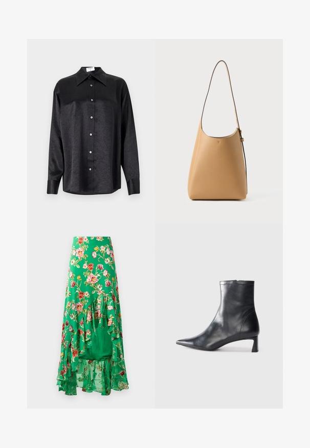 Zwarte blouse met lange mouwen en een kraag, voorzien van een gekreukt oppervlak, volwaardige knopen aan de voorkant en manchetten. Gemaakt van een gladde stof.; Bloemen maxi rok gemaakt van lichtgewicht stof, met een groene achtergrond en verschillende gekleurde bloemen, en gelaagde rimpeldetails aan de zoom.; Zwarte leren enkellaars met een spitse neus en een slank ontwerp. Heeft een lage hak en een ritssluiting aan de achterkant. Gladde textuur.; Leren schoudertas in lichtbruin met een gladde textuur, minimalistisch ontwerp, een enkele gebogen schouderband en subtiele hardwaredetails.