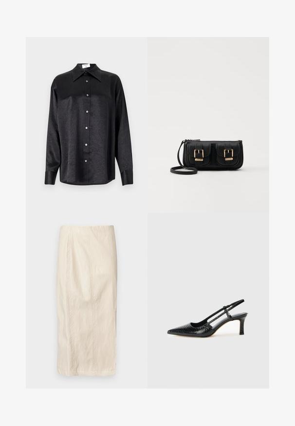 Cămașă neagră cu mânecă lungă, cu guler, cu o textură șifonată, cu nasturi pe toată lungimea și manșete. Fabricată dintr-un material neted.; Fustă crem, până la genunchi, cu un design plisat, realizată dintr-un material ușor. Dispune de cusături verticale și o suprafață netedă, ușor texturată.; Pantofi cu toc slingback negri din patent, cu vârf ascuțit, cu imprimeu de șarpe texturat, curea ajustabilă și toc scurt texturat.; Geantă neagră din piele, tip crossbody, cu două buzunare frontale, catarame aurii, închidere cu fermoar și o curea subțire. Suprafață texturată și formă rectangulară compactă.