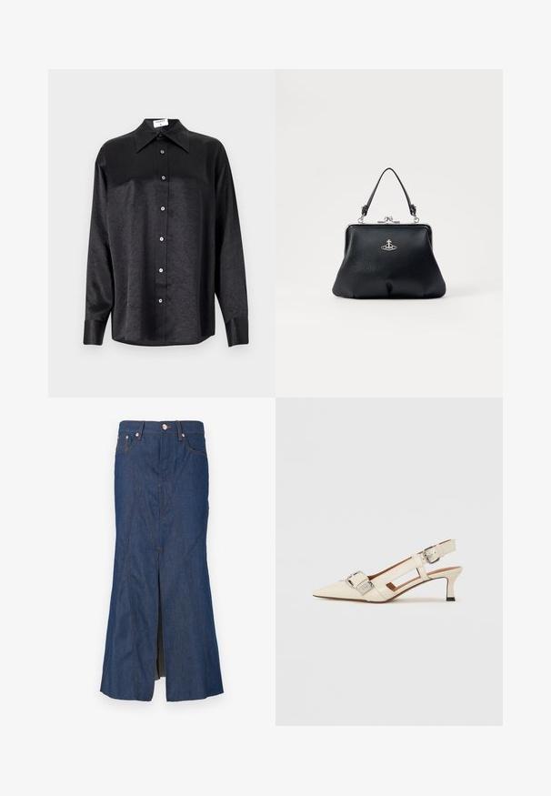 Sort langærmet skjorte med krave, der har en krøllet tekstur, fuld knaplukning foran og manchetter. Lavet af et glat stof.; Denim nederdel med høj talje, knælangt design, kontrasterende orange syninger og en forslidse for lettere bevægelse.; Hvide læderslingbacksko med spids tå, lille hæl og justerbar rem med en fremtrædende sølvspænde detalje.; Sort læderhåndtaske med en tekstureret overflade, sølvhardware, lås og kort håndtag til bæring. Kompakt og struktureret design.
