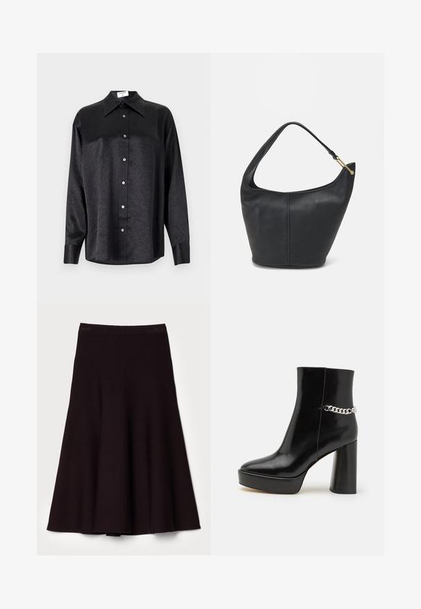 Svart langermet skjorte med krage, som har en rynket tekstur, fullt knappet front og mansjetter. Laget av et glatt stoff.; Svart utsvingt skjørt laget av mykt stoff, med en glatt midjebånd og et flytende A-linje design, med en kne-lengde hem.; Svart lakkert skinnankelstøvel med tykk plattform og høy blokkhel. Har en sølvkjedeakkent på siden. Glatt tekstur.; Svart lærveske med en rund form, bred stropp og strukturert overflate. Har en subtil sømdetalj og gullfarget beslag.