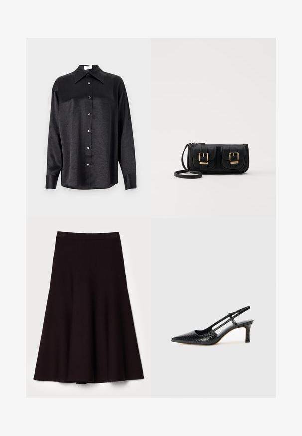 Camisa negra de manga larga con cuello, que presenta una textura arrugada, botón frontal completo y puños. Fabricada en un tejido suave.; Falda negra acampanada hecha de una tela suave, con una cinturilla lisa y un diseño fluido en forma de A, con un dobladillo a la altura de la rodilla.; Tacón slingback negro de charol con punta afilada, que presenta un estampado de serpiente texturizado, correa ajustable y un tacón bloque corto y texturizado.; Bolso cruzado de cuero negro con dos bolsillos frontales, hebillas doradas, cierre de cremallera y una correa delgada. Superficie texturizada y forma rectangular compacta.