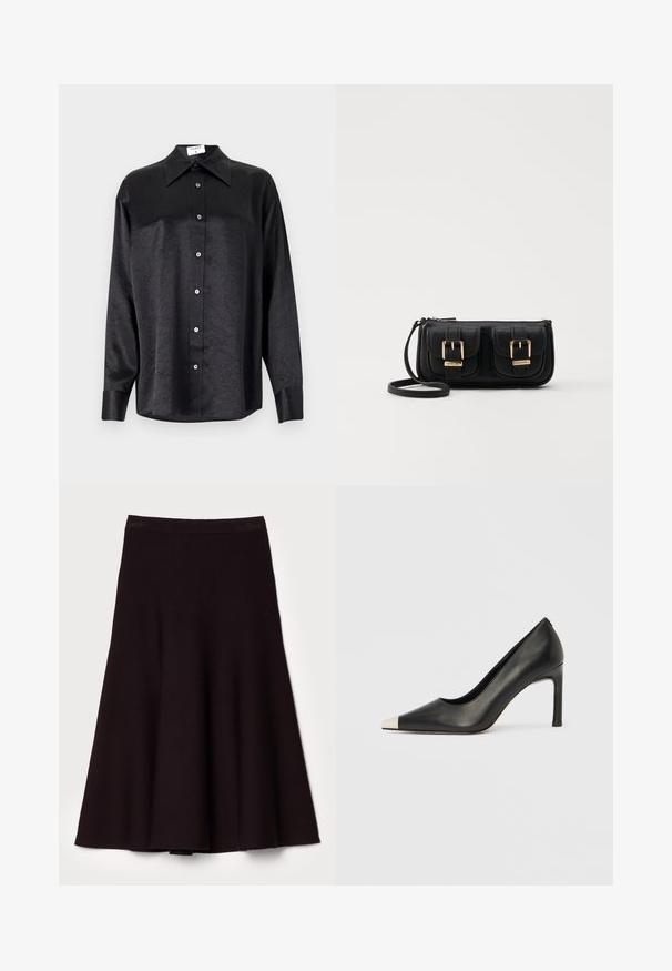 Black long-sleeve shirt with a collared neckline, featuring a crinkled texture, full button front, and cuffs. Made from a smooth fabric.; Black flared skirt made of soft fabric, featuring a smooth waistband and a flowing A-line design, with a knee-length hem.; Black leather high heel shoe with a pointed toe and a metallic silver cap. Features a smooth finish and a slender 10 cm heel.; Black leather crossbody bag with two front pockets, gold buckles, zipper closure, and a slim strap. Textured surface and compact rectangular shape.