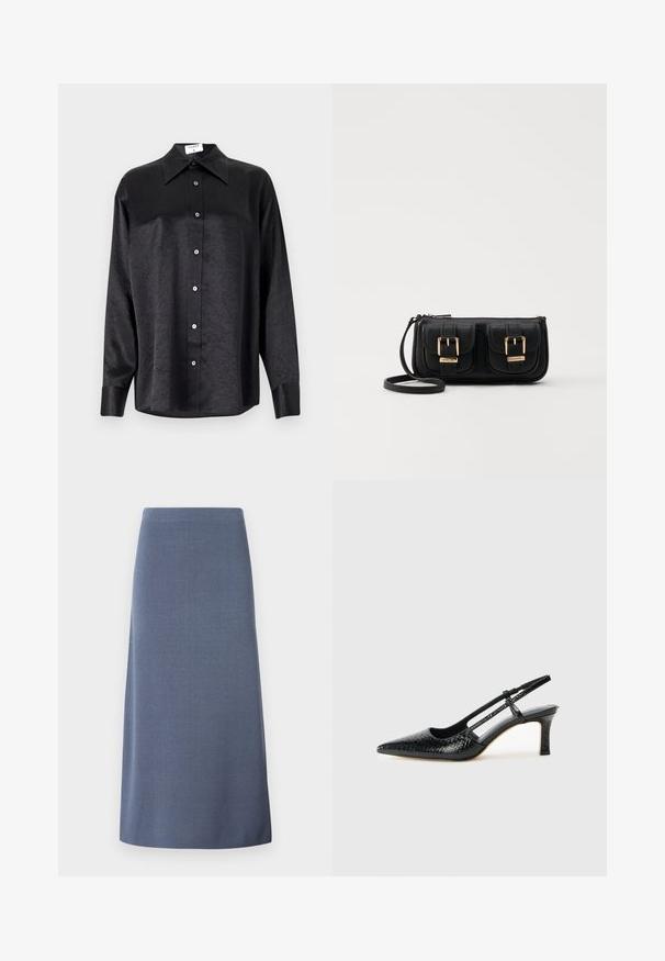 Črna srajca z dolgimi rokavi in ovratnikom, ki ima gubasto teksturo, celotno zapenjanje na gumb in manšete. Izdelana iz gladkega materiala.; Modra A-linijska krila iz teksturirane tkanine, dolžine do kolen, z gladkim pasom in brez vidnih zapiranj ali okrasitev.; Črne lakaste slingback pete s koničastim nosom, ki imajo teksturiran vzorec kačje kože, nastavljiv trak in kratek teksturiran blok peto.; Črna usnjena torbica čez ramo z dvema sprednjima žepoma, zlatimi zaponkami, zadrgo in ozkim pasom. Tekstura površine je strukturirana, obliko pa ima kompaktno pravokotno.