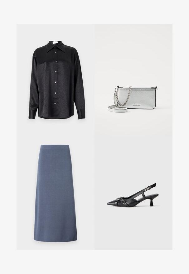 Musta pikemate varrukatega särk, millel on krae ja kortsus tekstuur, täispikk nööpidega eesmine osa ja varrukate mansetid. Valmistatud siledast kangast.; Sinine A-lõikelise seeliku tehtud tekstuursest kangast, põlveliigini ulatuv, sujuva vöökohaga ning ilma nähtavate haakimiste või kaunistusteta.; Must must have must toote tõmblukuga, dekoratiivsed rihmad metallist silmadega ja madal blokk-kand. Tekstureeritud pind.; Hõbedane nahkne õlakott, millel on tekstuuriga viimistlus, ahel- ja rihmaaktsendid ning lukuga lukustus. Esiküljel on logo.