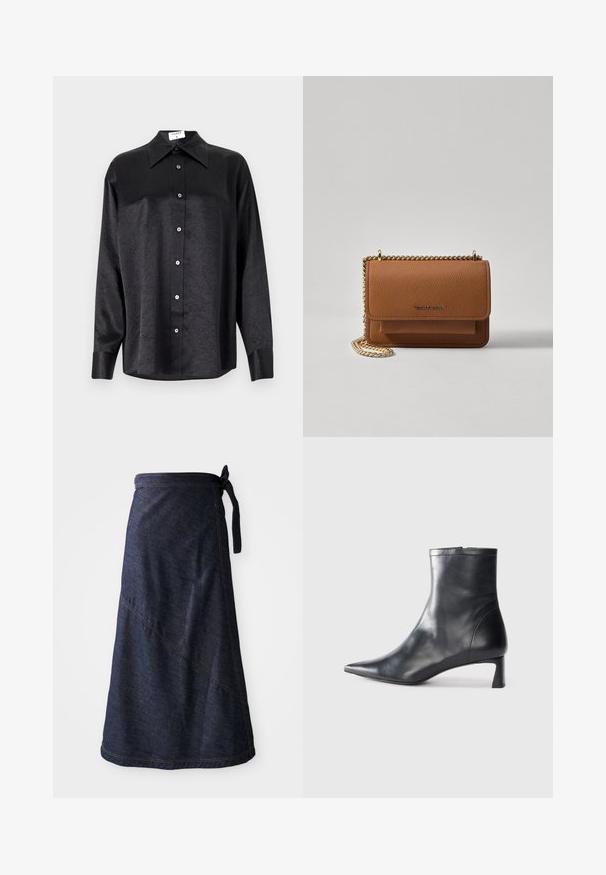 Fekete, hosszú ujjú ing, galléros nyakkal, gyűrött textúrával, teljes gombos elejével és mandzsettákkal. Simaságú anyagból készült.; Sötétkék farmerruha, megkötős derékkal, átlós varrással és sima textúrával. Hossza a térd alatt végződik.; Fekete bőr bokacsizma hegyes orral és letisztult dizájnnal. Alacsony sarka és hátsó cipzáras záródása van. Simának tűnő textúra.; Barna textúrájú bőr keresztbody táska arany lánc pánttal és fedélzárral. Az elején logó részlet és egy zseb található a fedél alatt.