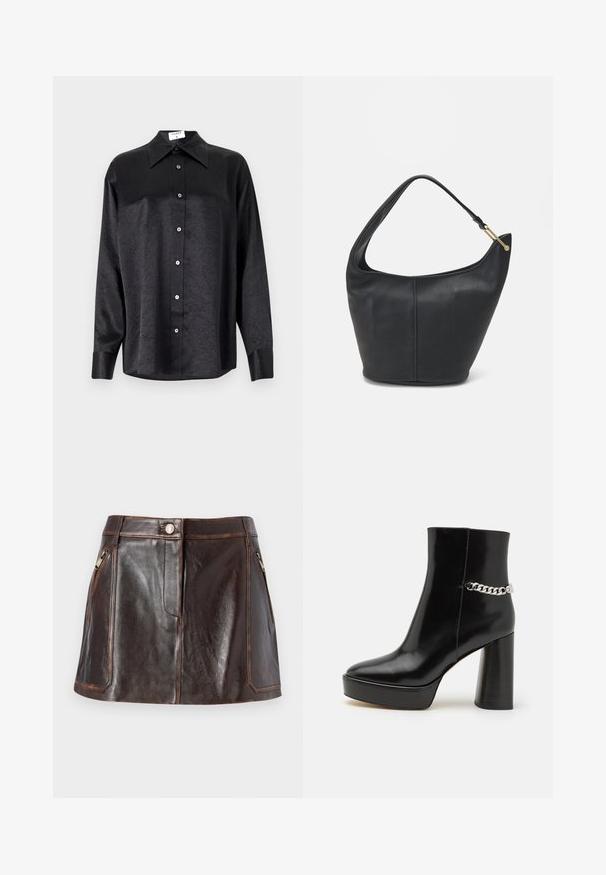 Čierna košeľa s dlhým rukávom a golierom, s pokrčenou textúrou, plne gombíkovou prednou časťou a manžetami. Vyrobená z hladkého materiálu.; Hnedá kožená mini sukňa s elegantným dizajnom, dvoma postrannými vreckami na zips a kontrastným prešívaním pozdĺž okrajov.; Čierne lakované členkové topánky s hrubou platformou a vysokým blokovým podpätkom. Na boku sa nachádza strieborný reťazový doplnok. Hladká textúra.; Čierna kožená kabelka zaobleného tvaru, so širokým popruhom a textúrovaným povrchom. Obsahuje jemný šev a zlaté kovanie.