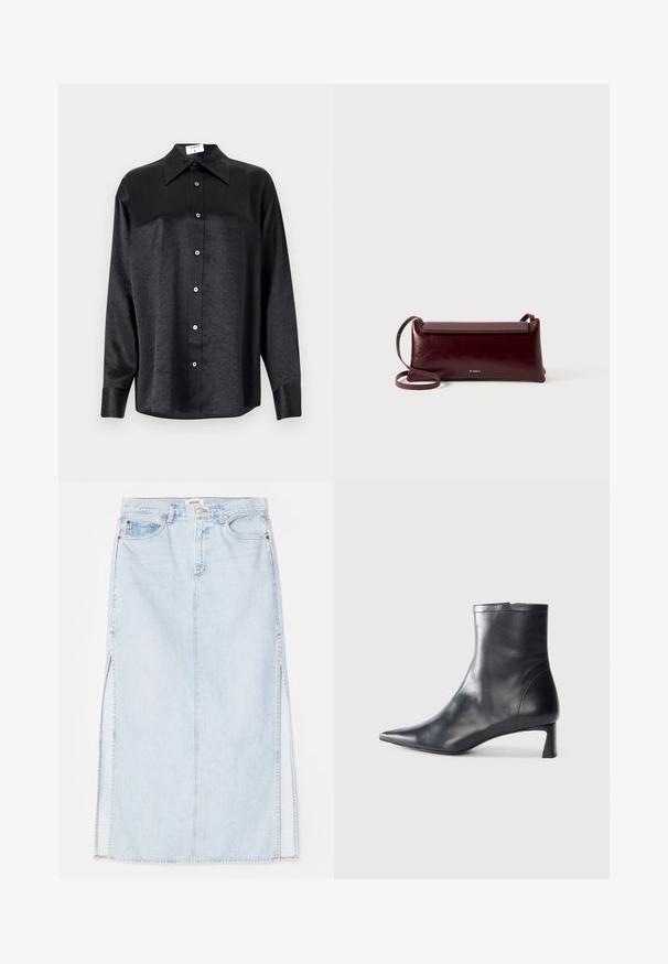 Black long-sleeve shirt with a collared neckline, featuring a crinkled texture, full button front, and cuffs. Made from a smooth fabric.; Light blue denim maxi skirt with a straight cut, featuring side slits and five-pocket design. Prominent stitching and metal button closure.; Black leather ankle boot with a pointed toe and a sleek design. Features a low heel and a zipper closure at the back. Smooth texture.; Burgundy leather crossbody bag with a smooth texture, rectangular shape, flap closure, and a thin adjustable strap. Gold logo detail visible.