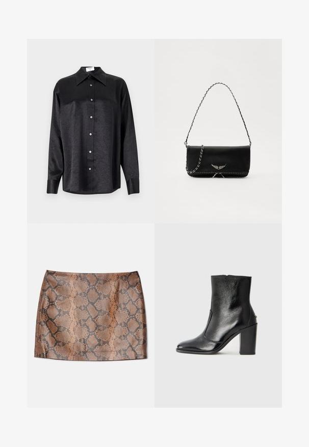 Sort langærmet skjorte med krave, der har en krøllet tekstur, fuld knaplukning foran og manchetter. Lavet af et glat stof.; Alice + Olivia ELANA SNAKE SKIRT - Mini skirts - camel/black; Sorte læder ankelstøvler med en glat overflade, spids tå og en chunky høj hæl. Har en sidelukning og minimalistisk design.; Sort læderhåndtaske med en sølv kædestrop, der har dekorative vingedetaljer og hvid syning langs bunden.