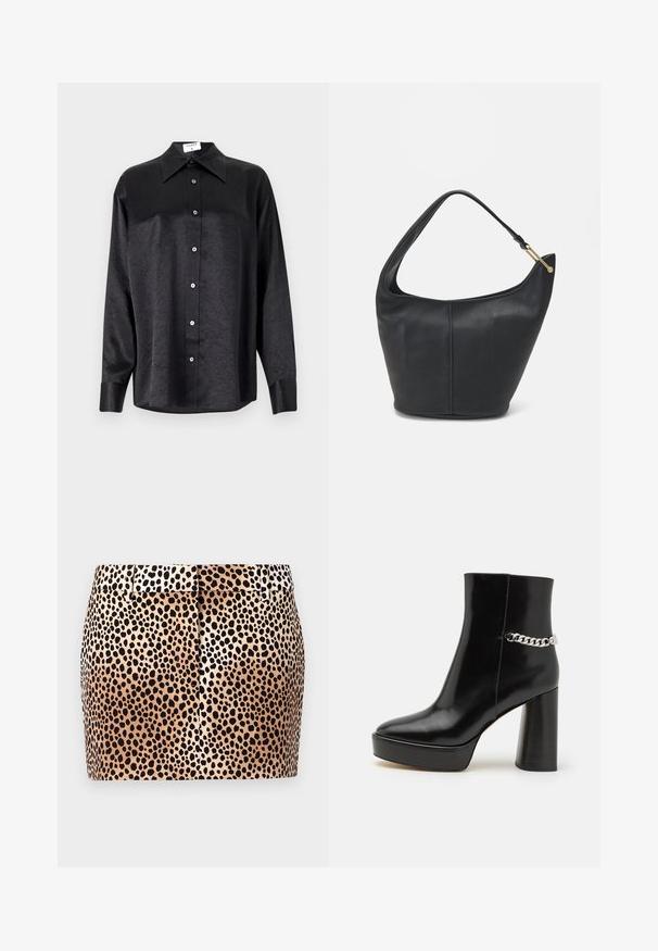 Svart langermet skjorte med krage, som har en rynket tekstur, fullt knappet front og mansjetter. Laget av et glatt stoff.; Lrdrprtt skjørt med en tettsittende fasong, beige bakgrunn og svarte flekker. Har en flat midje og subtile innsnitt bak.; Svart lakkert skinnankelstøvel med tykk plattform og høy blokkhel. Har en sølvkjedeakkent på siden. Glatt tekstur.; Svart lærveske med en rund form, bred stropp og strukturert overflate. Har en subtil sømdetalj og gullfarget beslag.