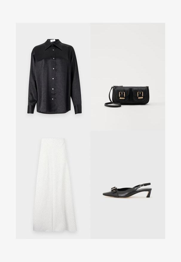 Schwarzes Langarmhemd mit kragenförmigem Halsausschnitt, mit einem zerknitterten Textur, voller Knopfleiste und Manschetten. Hergestellt aus einem glatten Stoff.; Weißer Rock mit diagonalen marineblauen Streifen, fließendes Design und eine glatte Textur. Verfügt über eine hohe Taille und eine großzügige A-Linie.; Schwarzer Leder Slingback-Schuh mit spitzer Zehenform, kleinem Absatz und dekorativem Schnallen-Detail auf dem Obermaterial. Glatte Textur, minimalistisches Design.; Schwarze Leder-Umhängetasche mit zwei vorderen Taschen, goldenen Schnallen, Reißverschluss und einem schmalen Tragegurt. Texturierte Oberfläche und kompakte rechteckige Form.