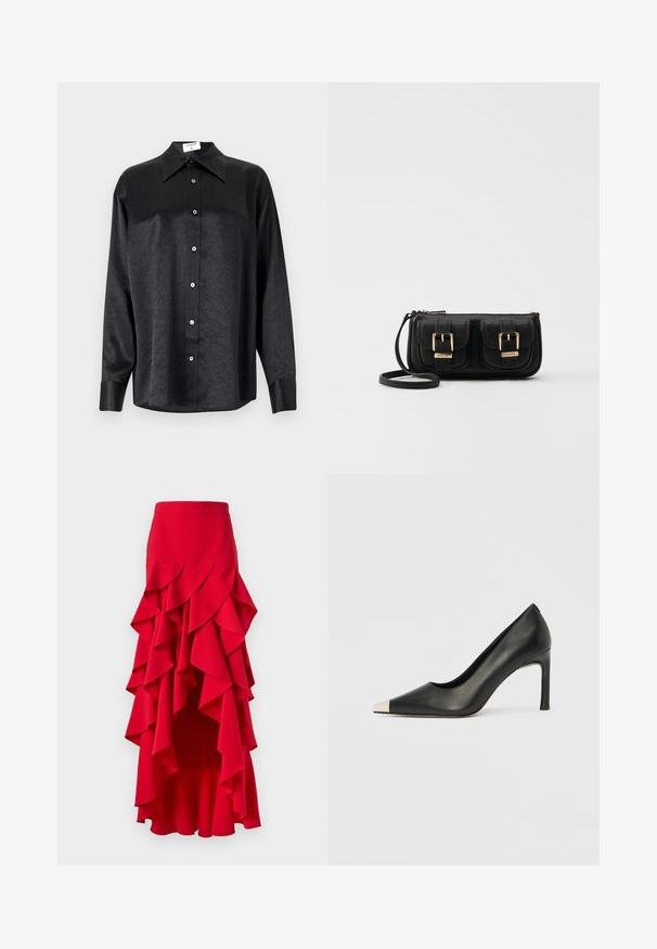 Schwarzes Langarmhemd mit kragenförmigem Halsausschnitt, mit einem zerknitterten Textur, voller Knopfleiste und Manschetten. Hergestellt aus einem glatten Stoff.; Roter geraffter Rock mit asymmetrischem Saum. Verfügt über geschichtete Rüschen an der Taille und an den Seiten, aus einem glatten Stoff gefertigt. Elastischer Bund.; Schwarzer Lederschuh mit hohem Absatz, spitz zulaufender Zehenpartie und metallischer silberner Spitze. Verfügt über eine glatte Oberfläche und einen schlanken 10 cm hohen Absatz.; Schwarze Leder-Umhängetasche mit zwei vorderen Taschen, goldenen Schnallen, Reißverschluss und einem schmalen Tragegurt. Texturierte Oberfläche und kompakte rechteckige Form.
