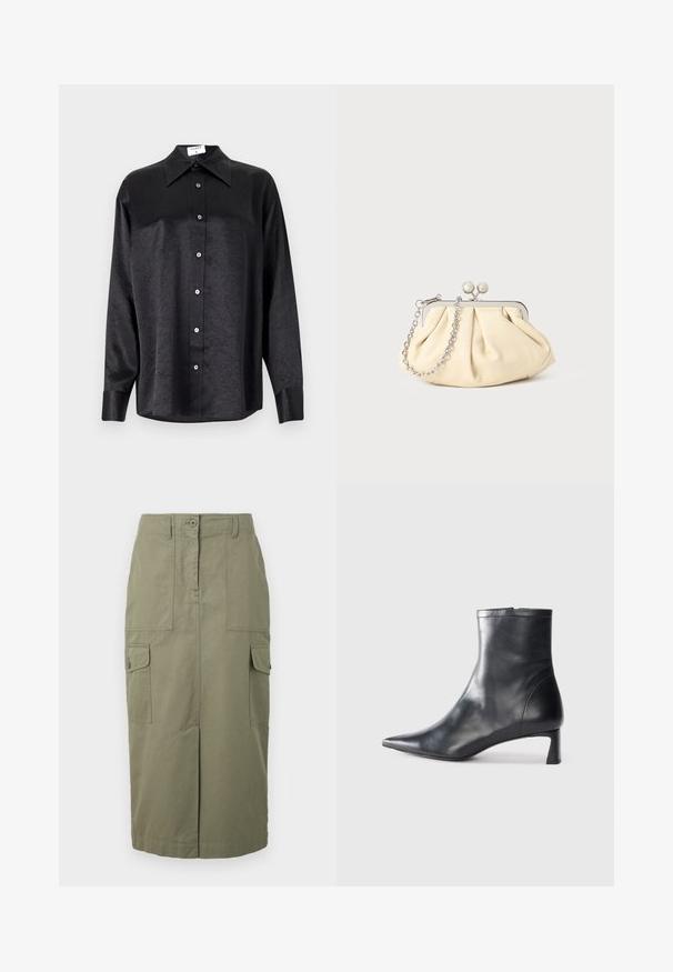 Black long-sleeve shirt with a collared neckline, featuring a crinkled texture, full button front, and cuffs. Made from a smooth fabric.; Cargo skirt in olive green, made of cotton blend. Features front pockets, a straight silhouette, and a front slit for mobility.; Black leather ankle boot with a pointed toe and a sleek design. Features a low heel and a zipper closure at the back. Smooth texture.; Pleated beige leather clutch with a silver metal frame, featuring two round decorative clasps and a silver chain strap.