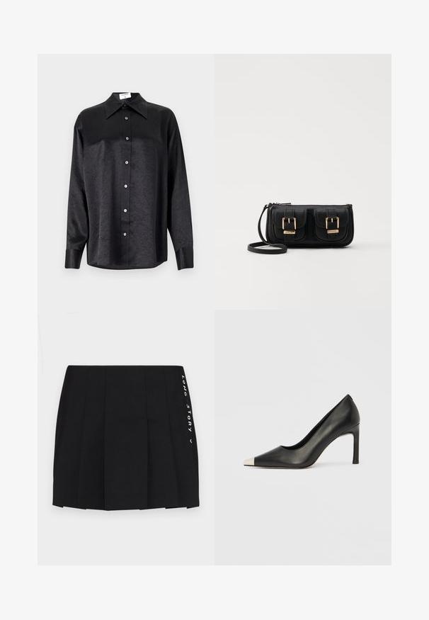 Fekete, hosszú ujjú ing, galléros nyakkal, gyűrött textúrával, teljes gombos elejével és mandzsettákkal. Simaságú anyagból készült.; MAX&Co. LONG VERY SHORT - Rakott szoknya - schwarz; Fekete bőr magas sarkú cipő hegyes orral és fém ezüst orrtippel. Simább kivitelű, karcsú, 10 cm-es sarokkal.; Fekete bőr keresztbody táska két elülső zsebbel, arany csattokkal, cipzáras záródással és vékony pánttal. Textúrált felület és kompakt téglalap alak.