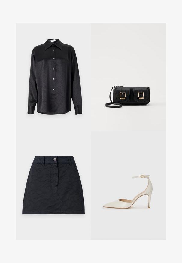 Czarna koszula z długim rękawem i kołnierzykiem, o pogniecionej teksturze, z pełnym zapięciem na guziki z przodu oraz mankietami. Wykonana z gładkiego materiału.; Czarna spódnica z teksturowanym wzorem, z przodem zapinanym na guziki, dwiema kieszeniami oraz dopasowanym krojem. Wykonana z trwałego materiału.; Białe skórzane szpilki z ostrym noskiem, paskiem wokół kostki i cienką szpilkową obcasem. Gładka faktura z subtelnym połyskiem.; Czarna skórzana torba na ramię z dwoma przednimi kieszeniami, złotymi klamrami, zamkiem błyskawicznym i cienkim paskiem. Teksturowana powierzchnia i kompaktowy prostokątny kształt.