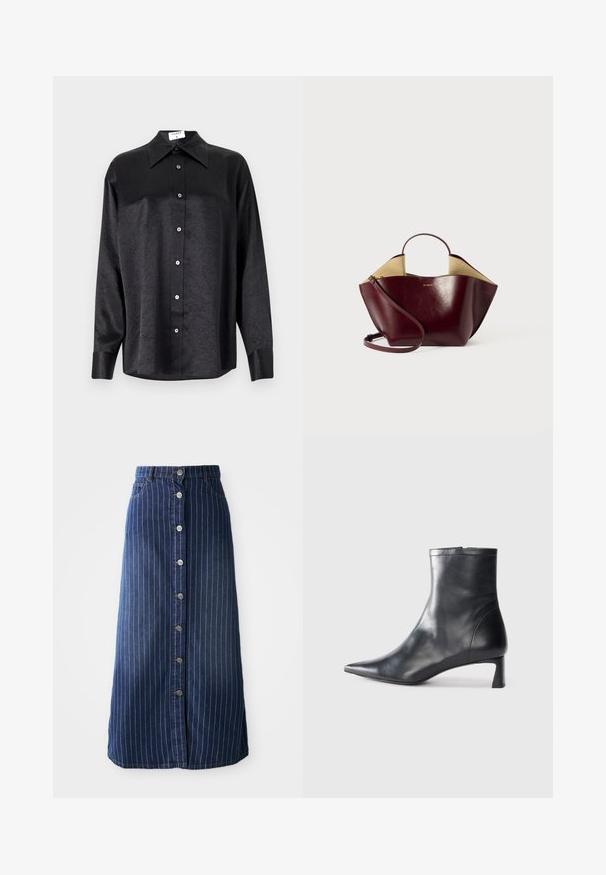 Black long-sleeve shirt with a collared neckline, featuring a crinkled texture, full button front, and cuffs. Made from a smooth fabric.; Dark denim maxi skirt with vertical white stripes, front button closure, and a slight flare at the hem. Features five buttons and contrast stitching.; Black leather ankle boot with a pointed toe and a sleek design. Features a low heel and a zipper closure at the back. Smooth texture.; Burgundy leather handbag with a structured shape, featuring a short handle, long shoulder strap, and a contrasting beige interior.