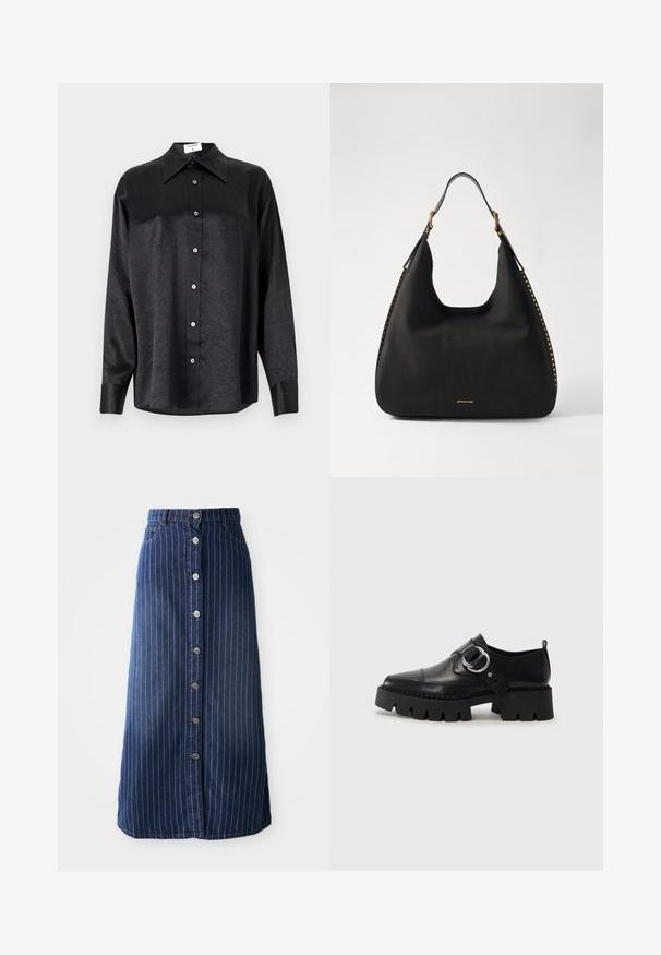 Črna srajca z dolgimi rokavi in ovratnikom, ki ima gubasto teksturo, celotno zapenjanje na gumb in manšete. Izdelana iz gladkega materiala.; Temno modra maxi krila z vertikalnimi belimi črtami, sprednja zaponka na gumbe in rahlo razširjenim robom. Ima pet gumbov in kontrastno šivanje.; Črne usnjene čevlje z debelim, rebrastim podplatom, ki imajo okroglo srebrno kovinsko dodatno opremo in minimalne šive.; MICHAEL Michael Kors NOLITA HOBO  - Torbica - black