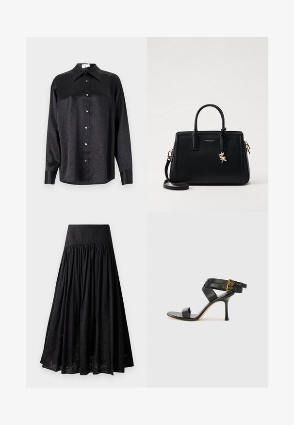 Chemise noire à manches longues avec un col, présentant une texture froissée, une fermeture à boutons sur le devant et des poignets. Fabriquée en tissu lisse.; Jupe maxi noire en coton avec une ceinture brodée. Présente un tissu froncé et des détails en œillets le long de l'ourlet.; Sandale à talons noirs avec des straps croisés et une boucle ajustable. Elle présente une texture lisse et un talon aiguille effilé.; Sac à main en cuir noir avec un design structuré, deux poignées supérieures, une bandoulière amovible, des accessoires en or et un pendentif avec le logo.