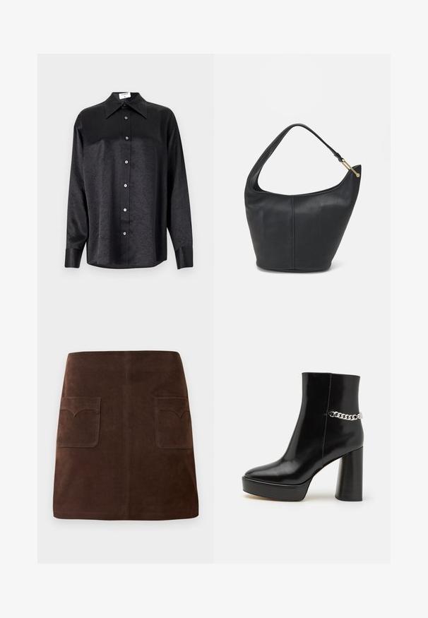 Melnas garām piedurknēm krekls ar apdari, kas piedāvā samocītu tekstūru, pilnu pogu priekšpusi un aproces. Izgatavots no gludas auduma.; Brūns zamšādas svārki ar klasisku A-line formu, divām priekšējām kabatām ar noapaļotiem vāciņiem un smalkiem šuvju detaļām.; Melnas patentā ādas potītes zābaki ar masīvu platformu un augstu blokveida papēdi. Sānos ir sudraba ķēdes dekors. Gluda virsma.; Melnas ādas rokassomi ar noapaļotu formu, platu siksnu un strukturētu apdari. Iezīmējas ar nelielām šuvju detaļām un zelta tonī izstrādātu aparatūru.