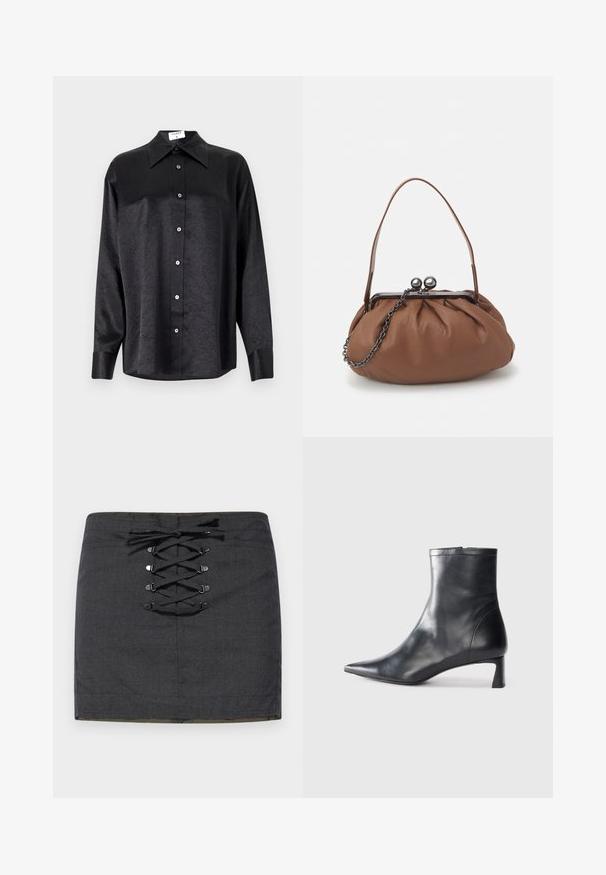 Black long-sleeve shirt with a collared neckline, featuring a crinkled texture, full button front, and cuffs. Made from a smooth fabric.; Dark grey mini skirt featuring a front lace-up detail with metallic hardware. Smooth texture, fitted shape, and mid-rise waistband.; Black leather ankle boot with a pointed toe and a sleek design. Features a low heel and a zipper closure at the back. Smooth texture.; Brown leather handbag with a gathered design, a short leather handle, and a chain strap. Features a silver metal clasp with two round accents.