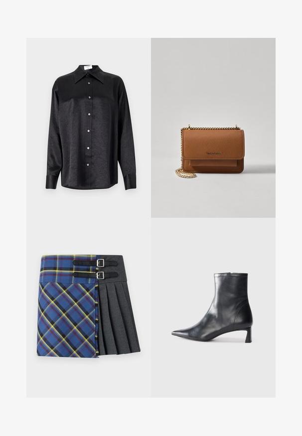 Chemise noire à manches longues avec un col, présentant une texture froissée, une fermeture à boutons sur le devant et des poignets. Fabriquée en tissu lisse.; Jupe écossaise avec un motif à carreaux bleu, vert et jaune, comportant une section plissée grise, maintenue par deux sangles noires avec des boucles en argent.; Bottine en cuir noir avec un bout pointu et un design épuré. Présente un petit talon et une fermeture éclair à l'arrière. Texture lisse.; Sac en cuir texturé marron en bandoulière avec une sangle en chaîne dorée et une fermeture à rabat. L'avant présente un détail de logo et une poche sous le rabat.