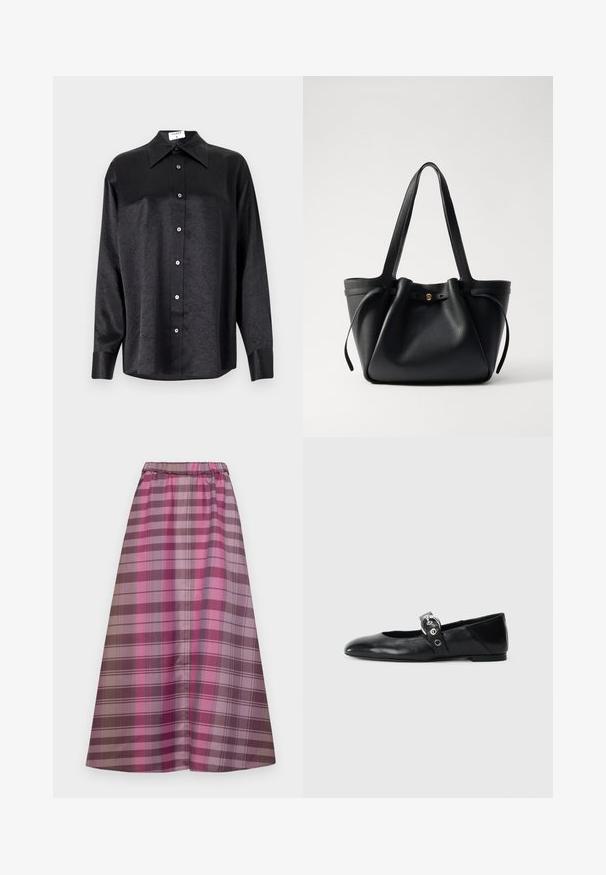 Chemise noire à manches longues avec un col, présentant une texture froissée, une fermeture à boutons sur le devant et des poignets. Fabriquée en tissu lisse.; Jupe longue à carreaux avec des nuances variées de rose, violet et marron. Fabriquée dans un tissu doux avec une taille élastique pour le confort.; Ballerines en cuir noir avec un bout pointu, dotées d'une sangle avec une boucle métallique circulaire et d'une semelle plate.; Sac en cuir noir avec deux longues anses, un haut resserré et un accent circulaire doré. Texture lisse avec un design minimaliste.