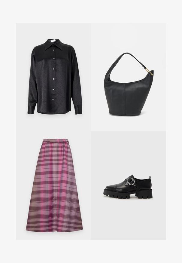 Černá košile s dlouhým rukávem a límečkem, s jakostní texturou, plně zapínací, s manžetami. Vyrobena z hladkého materiálu.; Dlouhá kostkovaná sukně s různými odstíny růžové, fialové a hnědé. Vyrobena z hladké látky, má elastický pas pro pohodlí.; Černé kožené boty s robustní ribkovanou podešví, zdobené kruhovým stříbrným kovovým prvkem a minimálním švem.; Černá kožená kabelka zaobleného tvaru, s širokým popruhem a texturovaným povrchem. Obsahuje jemné švy a akcenty ve zlatém tónu.