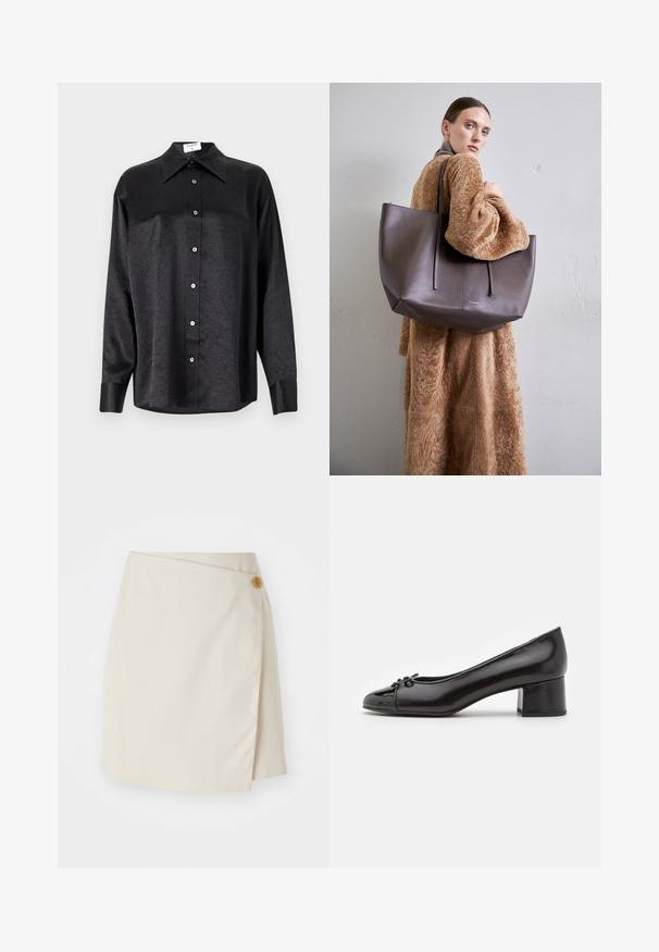 Črna srajca z dolgimi rokavi in ovratnikom, ki ima gubasto teksturo, celotno zapenjanje na gumb in manšete. Izdelana iz gladkega materiala.; Bež krilo z zavihkom, ki ima stransko zaponko, enotno tkanino, čiste linije in gladko teksturo, zasnovano za prilegajočo se silhueto.; Črne lakirane čevlje z zaobljenim nosom, majhnim lokom spredaj in nizko blok peto. Gladka tekstura po vsej površini.; Velika torba iz temno rjave, teksturirane tkanine z dvema dolgima ročajema. Torba se ponaša z minimalističnim dizajnom in dekorativnim šivom za dodatne detajle.