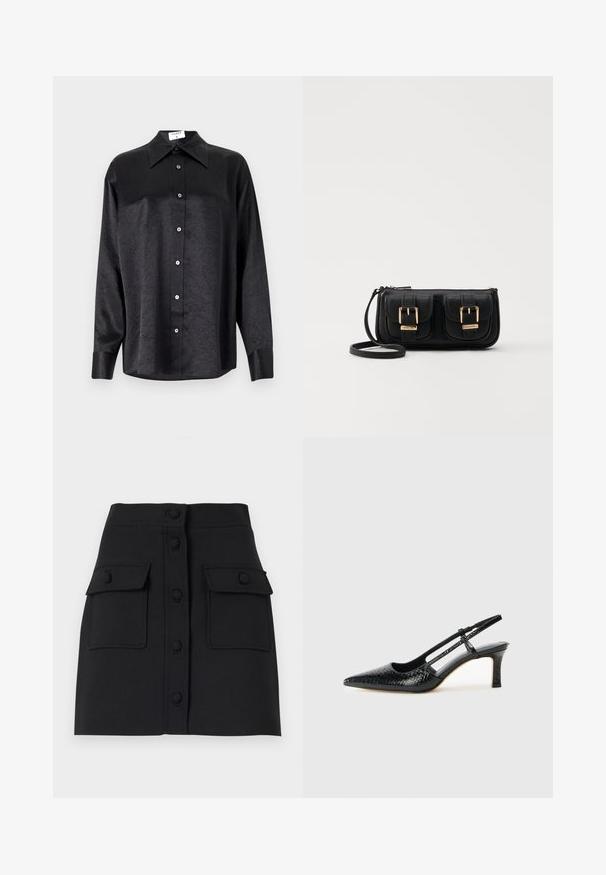 Chemise noire à manches longues avec un col, présentant une texture froissée, une fermeture à boutons sur le devant et des poignets. Fabriquée en tissu lisse.; Mini-jupe noire en tissu texturé avec fermeture à boutons sur le devant, deux poches à rabat et une silhouette ajustée.; Escarpin slingback en vernis noir avec un bout pointu, présentant un imprimé serpent texturé, une sangle réglable et un petit talon bloc texturé.; Sac en cuir noir porté en travers avec deux poches avant, boucles dorées, fermeture zippée et une sangle fine. Surface texturée et forme rectangulaire compacte.