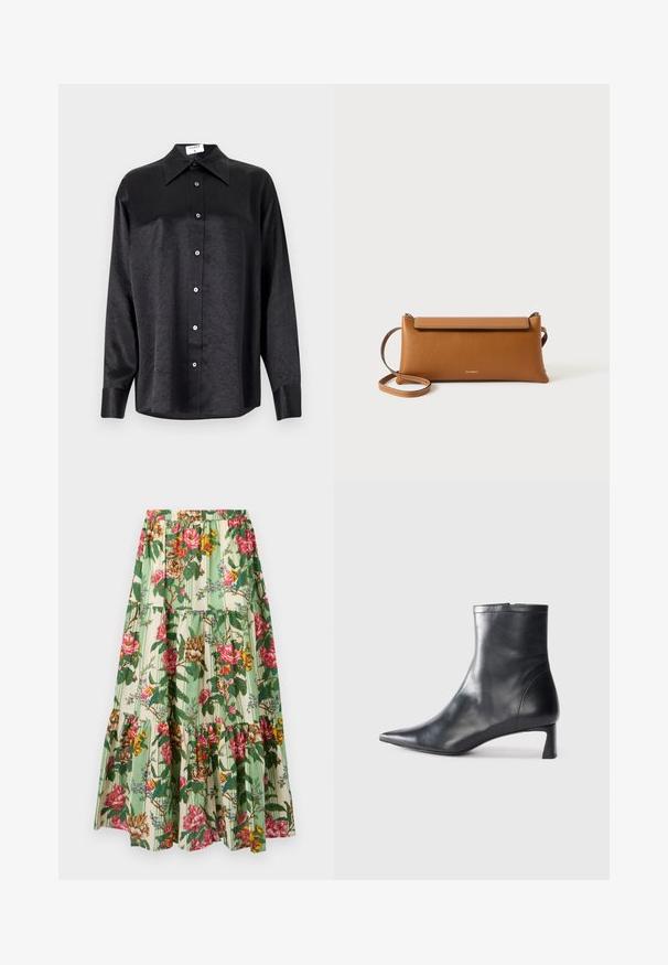 Fekete, hosszú ujjú ing, galléros nyakkal, gyűrött textúrával, teljes gombos elejével és mandzsettákkal. Simaságú anyagból készült.; Virágmintás maxi szoknya zöld és bézs csíkos motívummal, rózsaszín és sárga virágokkal, ráncolt szintekkel és gumis derékkal.; Fekete bőr bokacsizma hegyes orral és letisztult dizájnnal. Alacsony sarka és hátsó cipzáras záródása van. Simának tűnő textúra.; Barna bőr kézitáska, téglalap alakú, texturált felület, leválasztható pánt, cipzáras záródás, diszkrét logóval a záron.