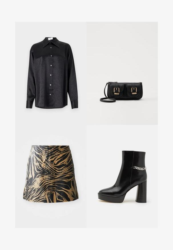 Chemise noire à manches longues avec un col, présentant une texture froissée, une fermeture à boutons sur le devant et des poignets. Fabriquée en tissu lisse.; Jupe noire et dorée présentant un motif zébré, fabriquée en matériau lisse avec une coupe ajustée et un design taille haute.; Bottine noire en cuir verni avec une plateforme épaisse et un haut talon bloc. Caractérisée par un accent en chaîne argentée sur le côté. Texture lisse.; Sac en cuir noir porté en travers avec deux poches avant, boucles dorées, fermeture zippée et une sangle fine. Surface texturée et forme rectangulaire compacte.