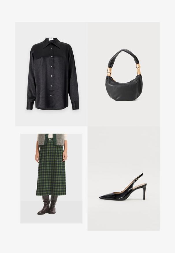 Black long-sleeve shirt with a collared neckline, featuring a crinkled texture, full button front, and cuffs. Made from a smooth fabric.; Green and navy plaid midi skirt made of textured fabric, featuring pleats and a straight cut, paired with knee-high brown leather boots.; Black patent leather slingback pump with pointed toe, slim heel, and a subtle cutout design. Features a gold buckle on the strap.; Black leather handbag with a round shape, soft texture, and a knotted handle featuring gold-tone hardware accents. Zipper closure.