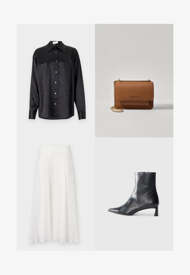 Chemise noire à manches longues avec un col, présentant une texture froissée, une fermeture à boutons sur le devant et des poignets. Fabriquée en tissu lisse.; Jupe blanche, longueur genou, en tissu léger, avec une surface lisse et sans texture, dotée d'une simple taille élastique.; Bottine en cuir noir avec un bout pointu et un design épuré. Présente un petit talon et une fermeture éclair à l'arrière. Texture lisse.; Sac en cuir texturé marron en bandoulière avec une sangle en chaîne dorée et une fermeture à rabat. L'avant présente un détail de logo et une poche sous le rabat.